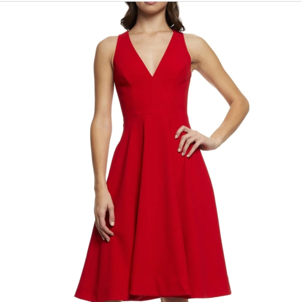 Dress the L population catalina Rouge fit and flare red vneckline dress size L